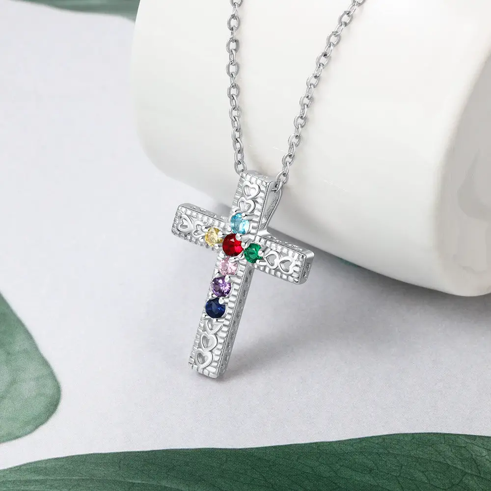 Think Engraved mothers necklace Personalized 7 Birthstone Cross Mother's Necklace - Heart Cut-Outs Crucifix