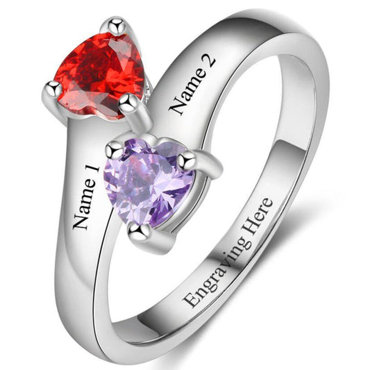 Think Engraved Peronalized Ring 5 Custom 2 Birthstone Engraved Mothers Ring - 2 Engraved Names 2 Heart Stones