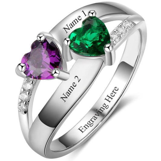 Think Engraved Peronalized Ring 6 Custom 2 Heart Stones Name Ring  - 2 Engraved Names Mother's Ring