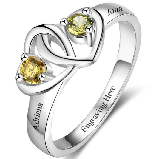 Think Engraved Peronalized Ring 6 Custom 2 Stone Two Hearts Mother's Ring or Promise Ring 2 Engraved Names