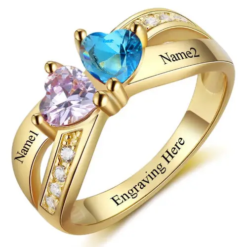 Think Engraved Peronalized Ring 6 Personalized 2 Birthstone United Hearts Gold Mother's Ring 2 Engraved Names