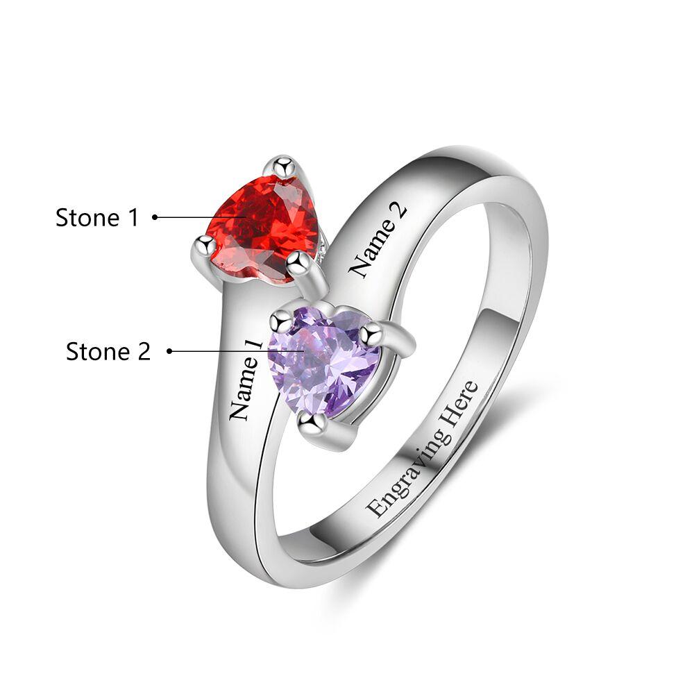Think Engraved Peronalized Ring Custom 2 Birthstone Engraved Mothers Ring - 2 Engraved Names 2 Heart Stones