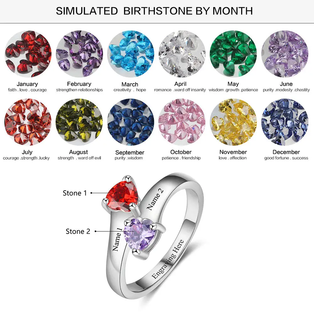 Think Engraved Peronalized Ring Custom 2 Birthstone Engraved Mothers Ring - 2 Engraved Names 2 Heart Stones
