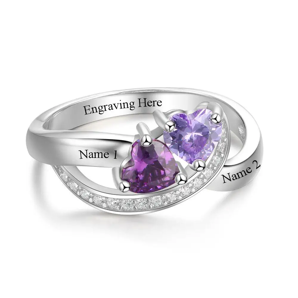 Think Engraved Peronalized Ring Custom 2 Heart Birthstones Ring - 2 Engraved Names Mother's Ring Couples Ring