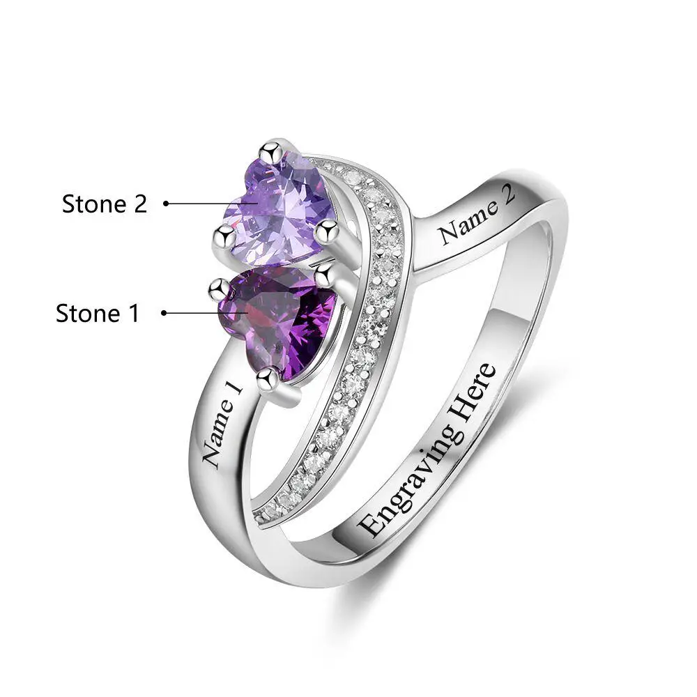Think Engraved Peronalized Ring Custom 2 Heart Birthstones Ring - 2 Engraved Names Mother's Ring Couples Ring