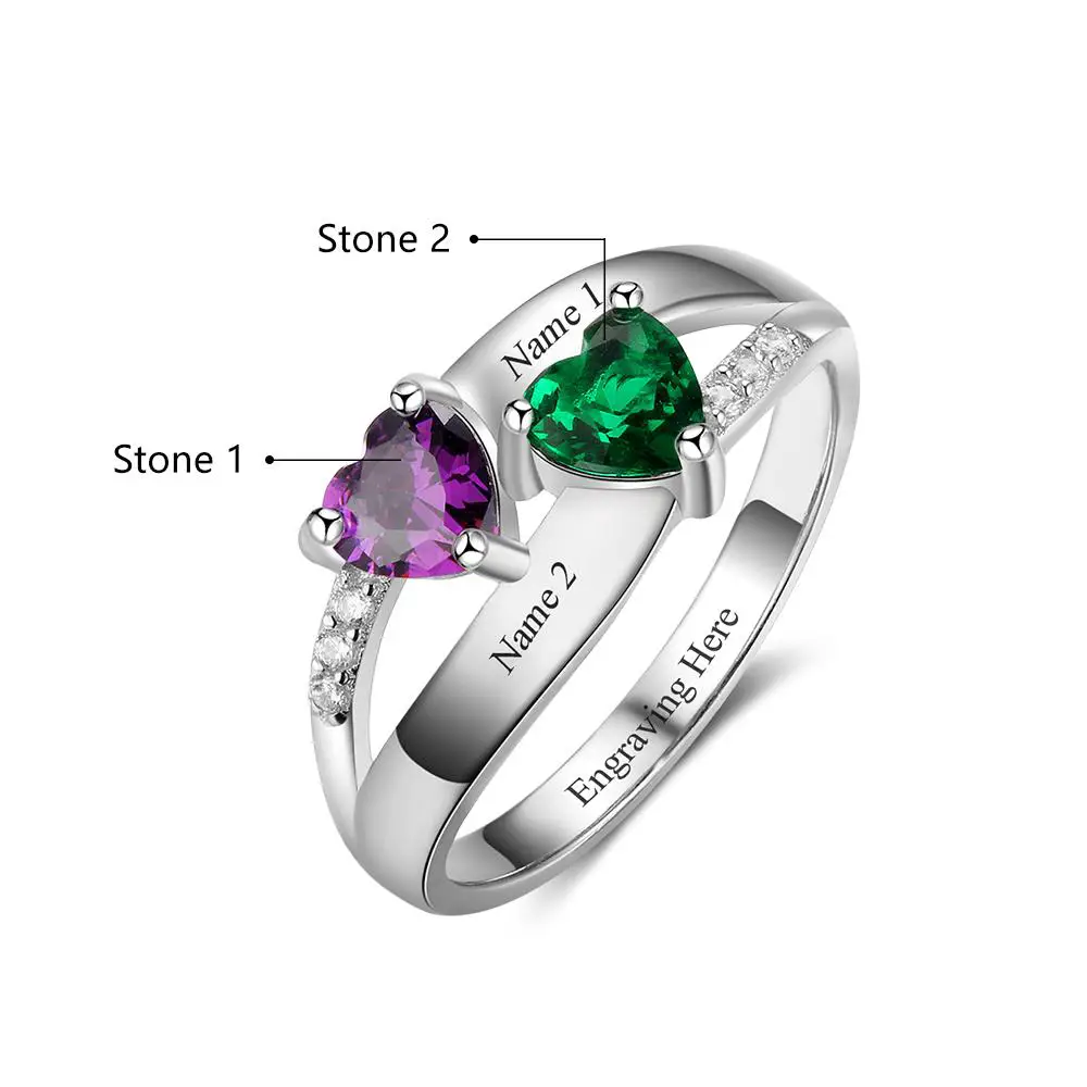 Think Engraved Peronalized Ring Custom 2 Heart Stones Name Ring  - 2 Engraved Names Mother's Ring
