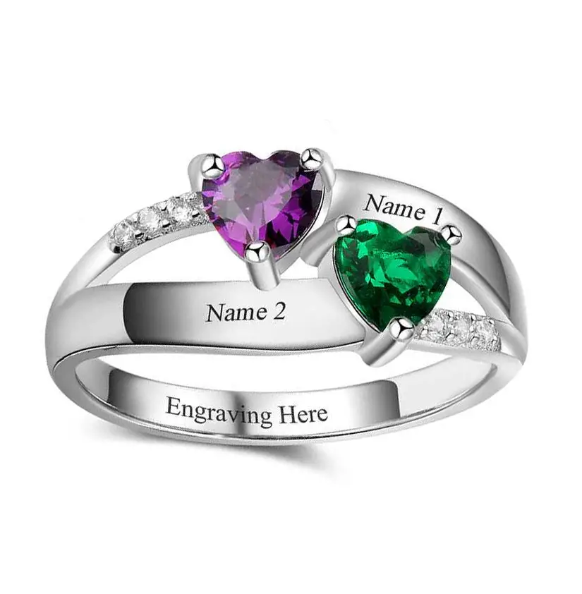 Think Engraved Peronalized Ring Custom 2 Heart Stones Name Ring  - 2 Engraved Names Mother's Ring
