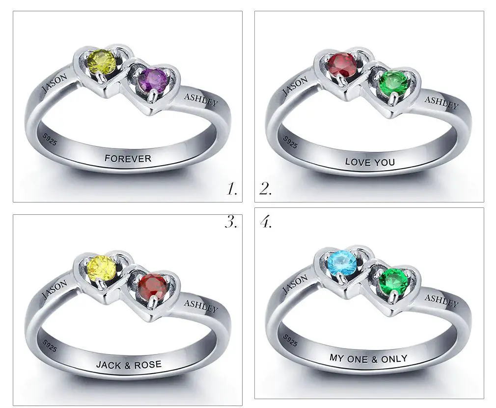Think Engraved Peronalized Ring Custom 2 Stone Enclosed Heart Birthstones Mother's Ring or Promise Ring 2 Names