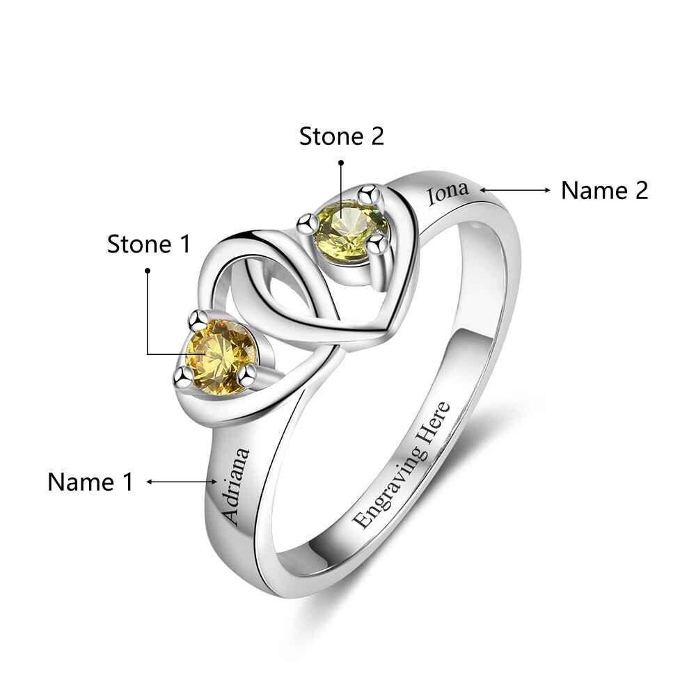 Think Engraved Peronalized Ring Custom 2 Stone Two Hearts Mother's Ring or Promise Ring 2 Engraved Names