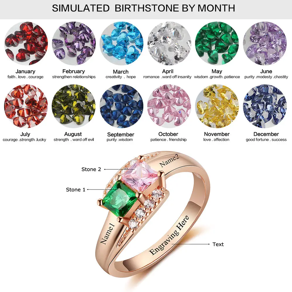 Think Engraved Peronalized Ring Personalized 2 Birthstone Splendid Rose Gold IP Mothers Ring or Promise Ring