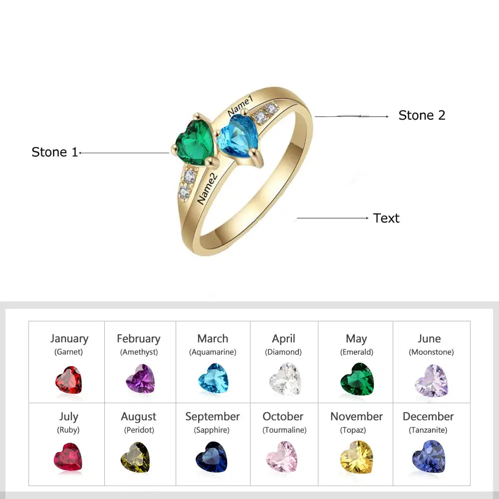 Think Engraved Peronalized Ring Personalized 2 Birthstone United Hearts Gold Mother's Ring 2 Engraved Names