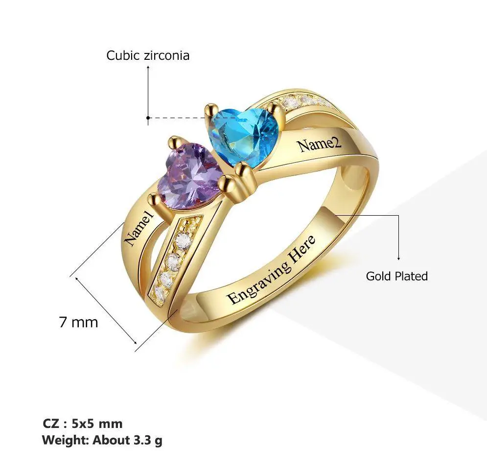 Think Engraved Peronalized Ring Personalized 2 Birthstone United Hearts Gold Mother's Ring 2 Engraved Names
