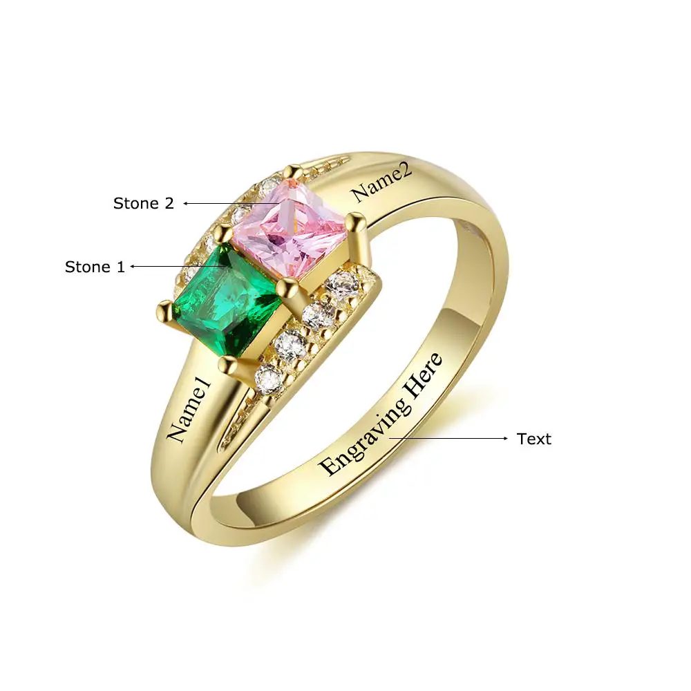 Think Engraved Peronalized Ring Personalized 2 Stone Splendid 14k Gold or Rose Gold Mothers Ring or Promise Ring