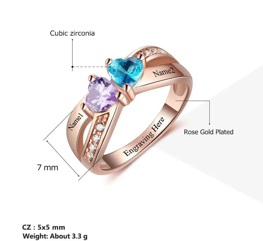 Think Engraved Peronalized Ring Personalized 2 Stone United Hearts Rose Gold Mother's Ring 2 Engraved Names