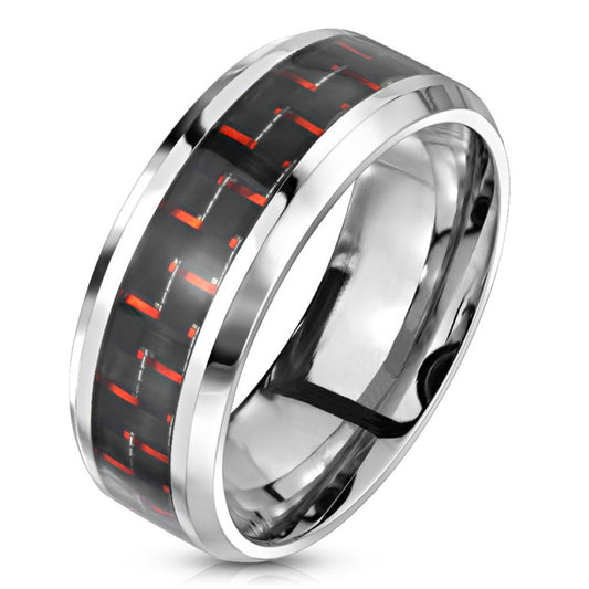 Think Engraved Promise Ring 5 Men's Engraved Red and Black Carbon Fiber Promise Ring - Guy's Personalized Promise Ring