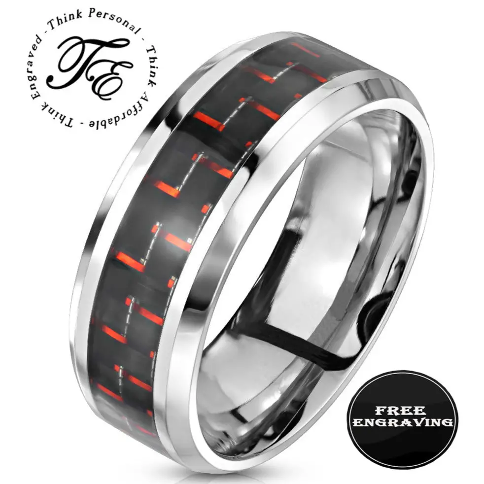 Think Engraved Promise Ring 5 Men's Engraved Red and Black Carbon Fiber Promise Ring - Guy's Personalized Promise Ring