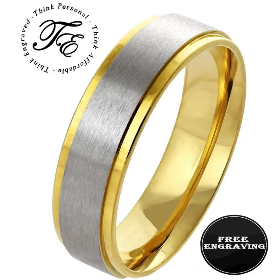 Think Engraved Promise Ring 5 Personalized Engraved Men's Gold and Steel Promise Ring - Engraved Handwriting Ring