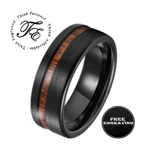 Think Engraved Promise Ring 6 Men's Personalized Black Wedding Ring With Koa Wood Inlay