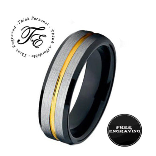 Think Engraved Promise Ring 6 Men's Personalized Silver and Black Promise Ring With Gold Filled Groove