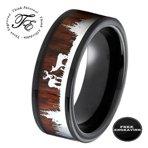 Think Engraved Promise Ring 6 Personalized Men's Deer Hunting Wedding Ring - Wood Inlay