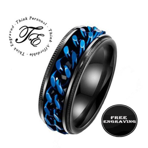 Think Engraved Promise Ring 6 Personalized Men's Promise Ring - Black and Blue Chain Spinner Ring