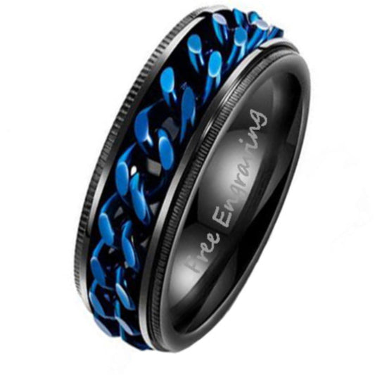 Think Engraved Promise Ring 6 Personalized Men's Promise Ring - Black and Blue Chain Spinner Ring