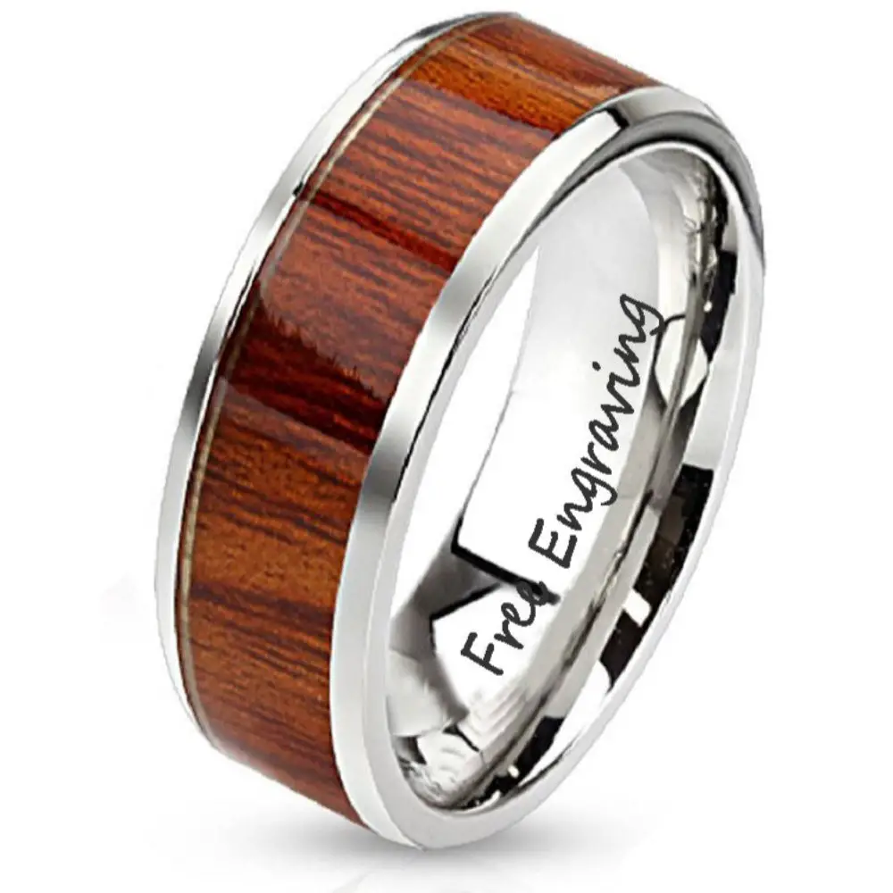 Think Engraved Promise Ring 6 Personalized Men's Promise Ring - Silver With Wood Inlay Stainless Steel