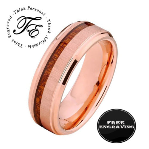 Think Engraved Promise Ring 6 Personalized Men's Rose Gold Promise Ring - Koa Wood Inlay