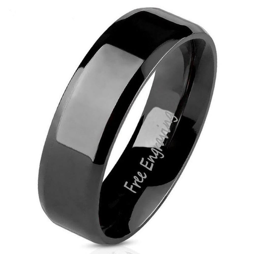 Think Engraved Promise Ring 6mm size 5 Personalized Women's Promise Ring - Black Beveled Flat Band Stainless Steel