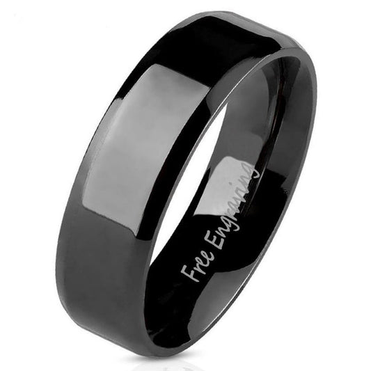 Think Engraved Promise Ring 6mm size 5 Personalized Women's Promise Ring - Black Beveled Flat Band Stainless Steel