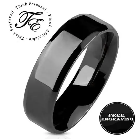 Think Engraved Promise Ring 6mm size 5 Personalized Women's Promise Ring - Black Beveled Flat Band Stainless Steel