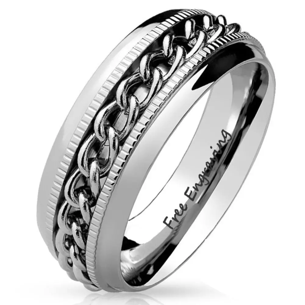 Think Engraved Promise Ring 7 Personalized Men's Promise Ring - Silver Chain Spinner Stainless Steel