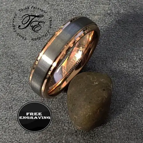 Think Engraved Promise Ring 8 Personalized Men's Tungsten Promise Ring Band - Brushed 14k Rose Gold