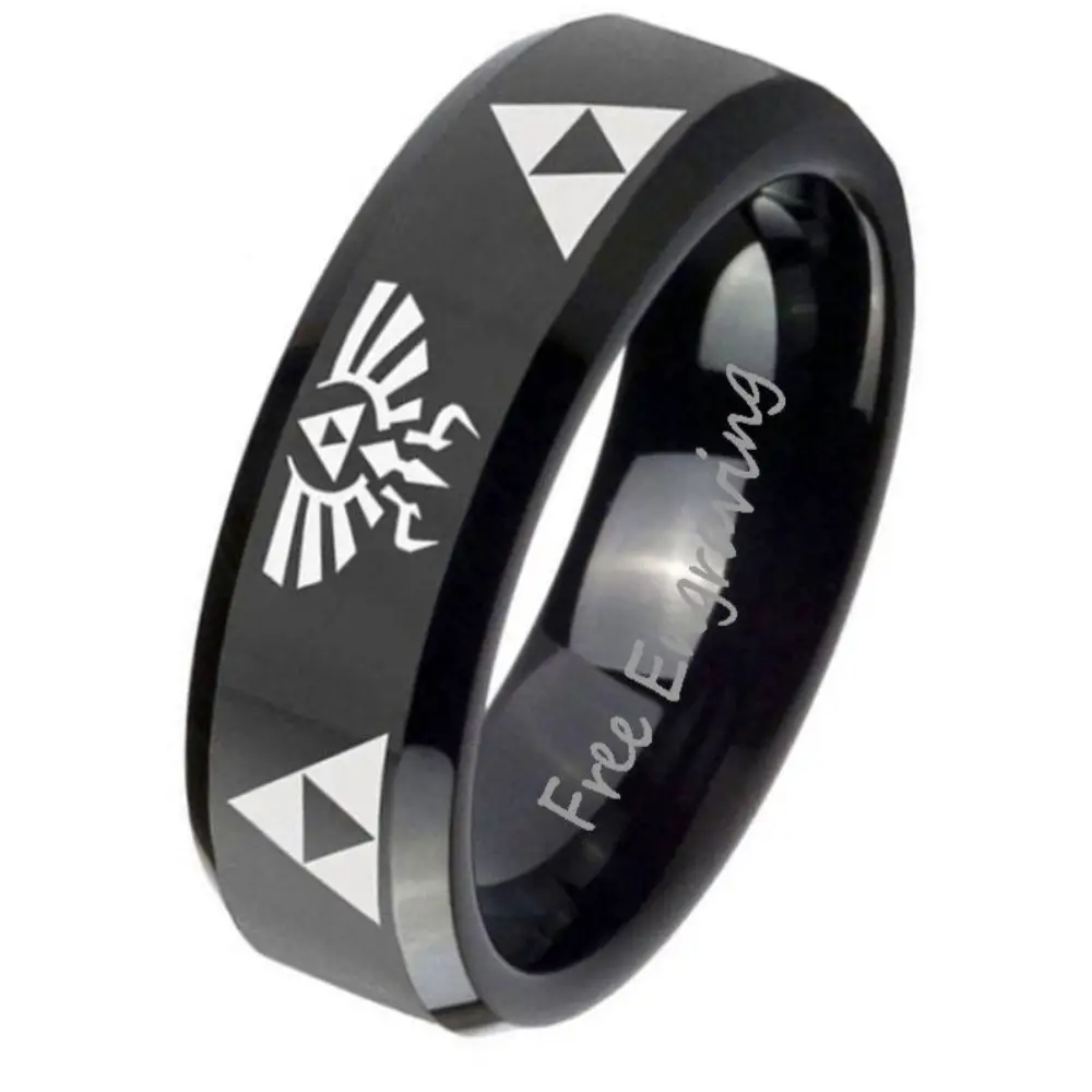 Think Engraved Promise Ring 8mm size 9 Personalized Engraved Men's Black Zelda Tri Force Promise Ring