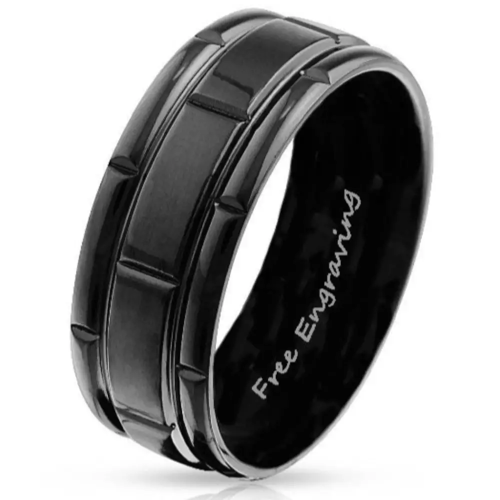 Think Engraved Promise Ring 9 Custom Engraved Men's Black Promise Ring - Black Square Grooves Stainless Steel