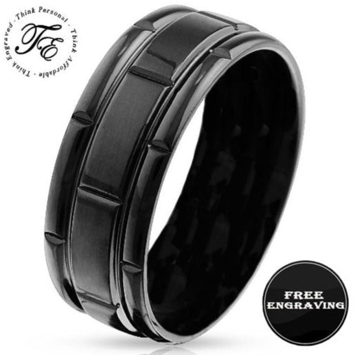 Think Engraved Promise Ring 9 Custom Engraved Men's Black Promise Ring - Black Square Grooves Stainless Steel