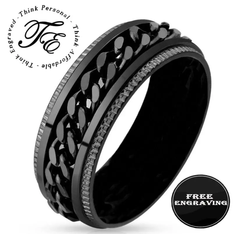 Think Engraved Promise Ring 9 Personalized Men's Black Chain Spinner Ring - Engraved Handwriting Ring