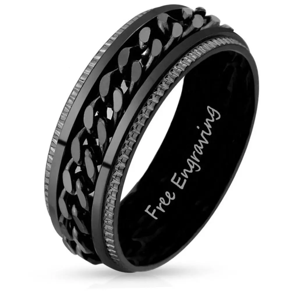 Think Engraved Promise Ring 9 Personalized Men's Black Chain Spinner Ring - Engraved Handwriting Ring