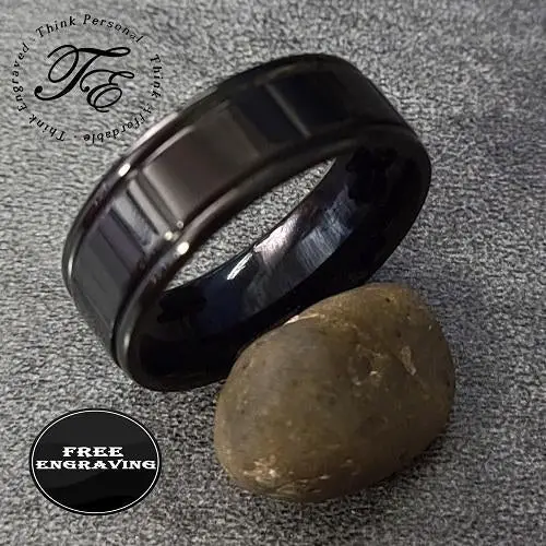 Think Engraved Promise Ring Custom Engraved Men's Black Promise Ring - Black Square Grooves Stainless Steel