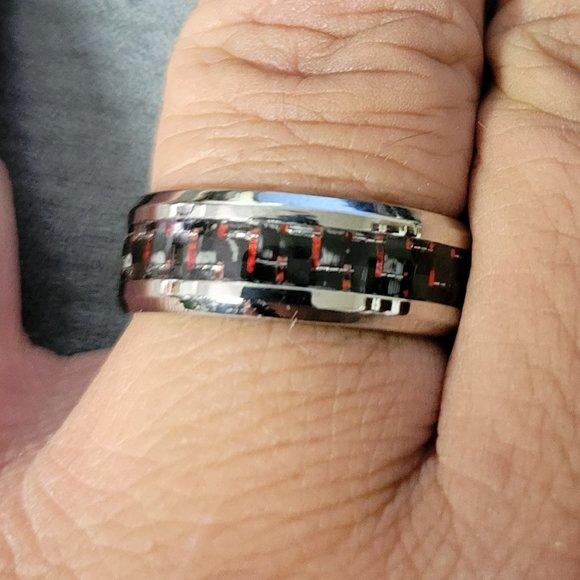Think Engraved Promise Ring Men's Engraved Red and Black Carbon Fiber Promise Ring - Guy's Personalized Promise Ring