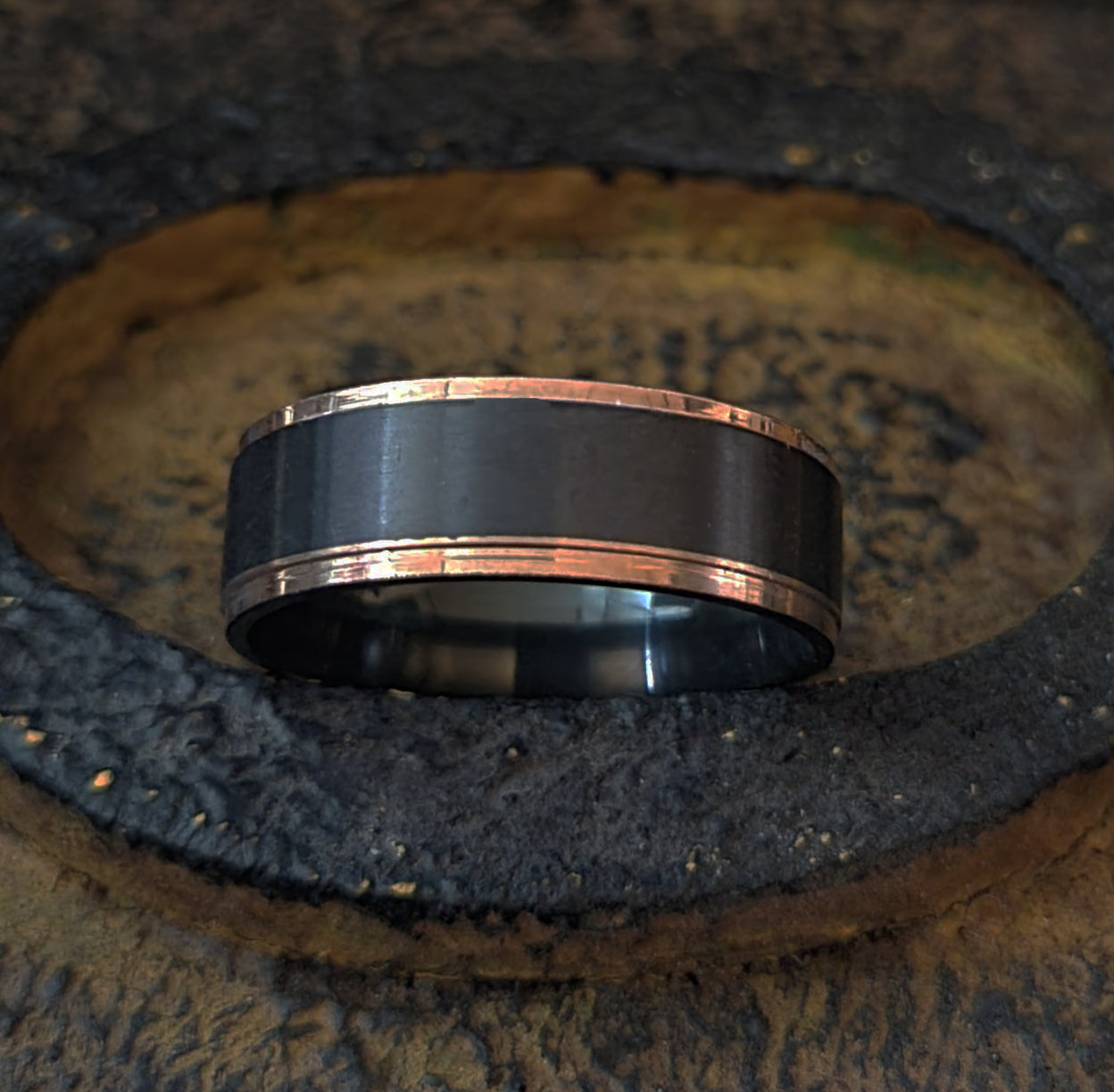 Think Engraved Promise Ring Men's Personalized Black and Rose Gold Promise Ring Rose Gold Edges