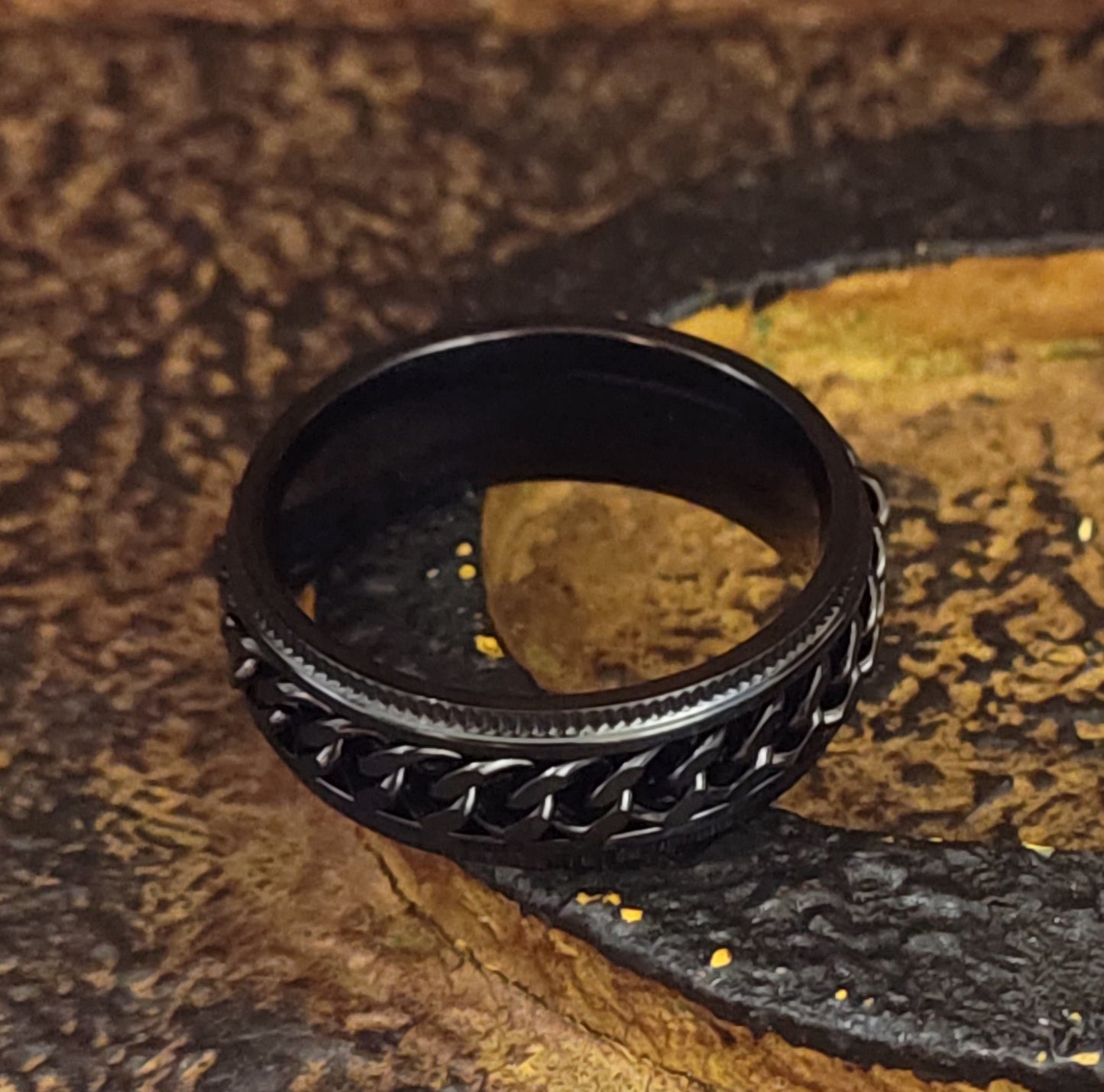 Think Engraved Promise Ring Personalized Men's Black Chain Spinner Ring - Engraved Handwriting Ring