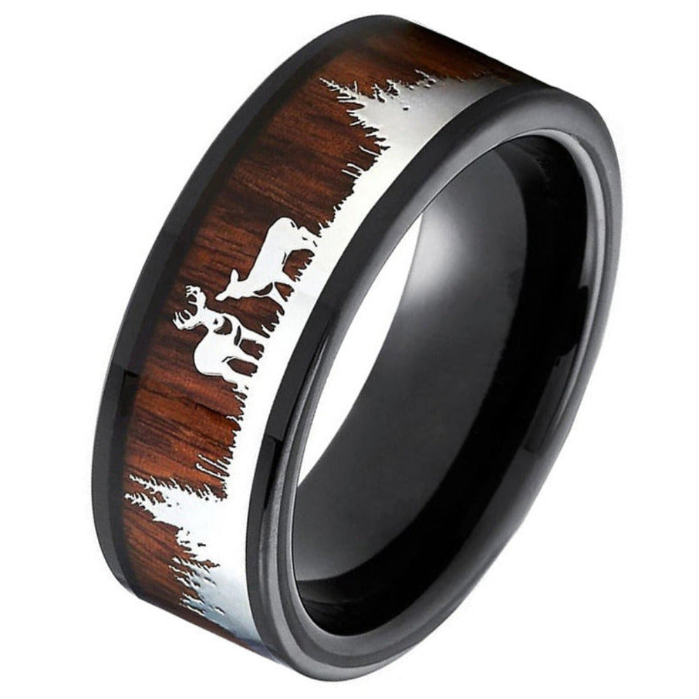 Think Engraved Promise Ring Personalized Men's Deer Hunting Wedding Ring - Wood Inlay