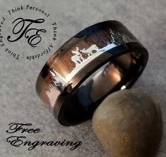 Think Engraved Promise Ring Personalized Men's Deer Hunting Wedding Ring - Wood Inlay