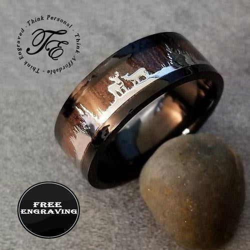 Think Engraved Promise Ring Personalized Men's Deer Hunting Wedding Ring - Wood Inlay