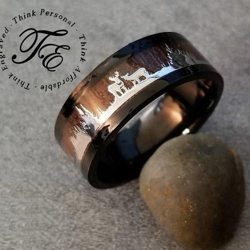 Think Engraved Promise Ring Personalized Men's Deer Hunting Wedding Ring - Wood Inlay