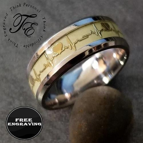 Think Engraved Promise Ring Personalized Men's Heart Beat Wedding Ring - Glowing Heartbeat