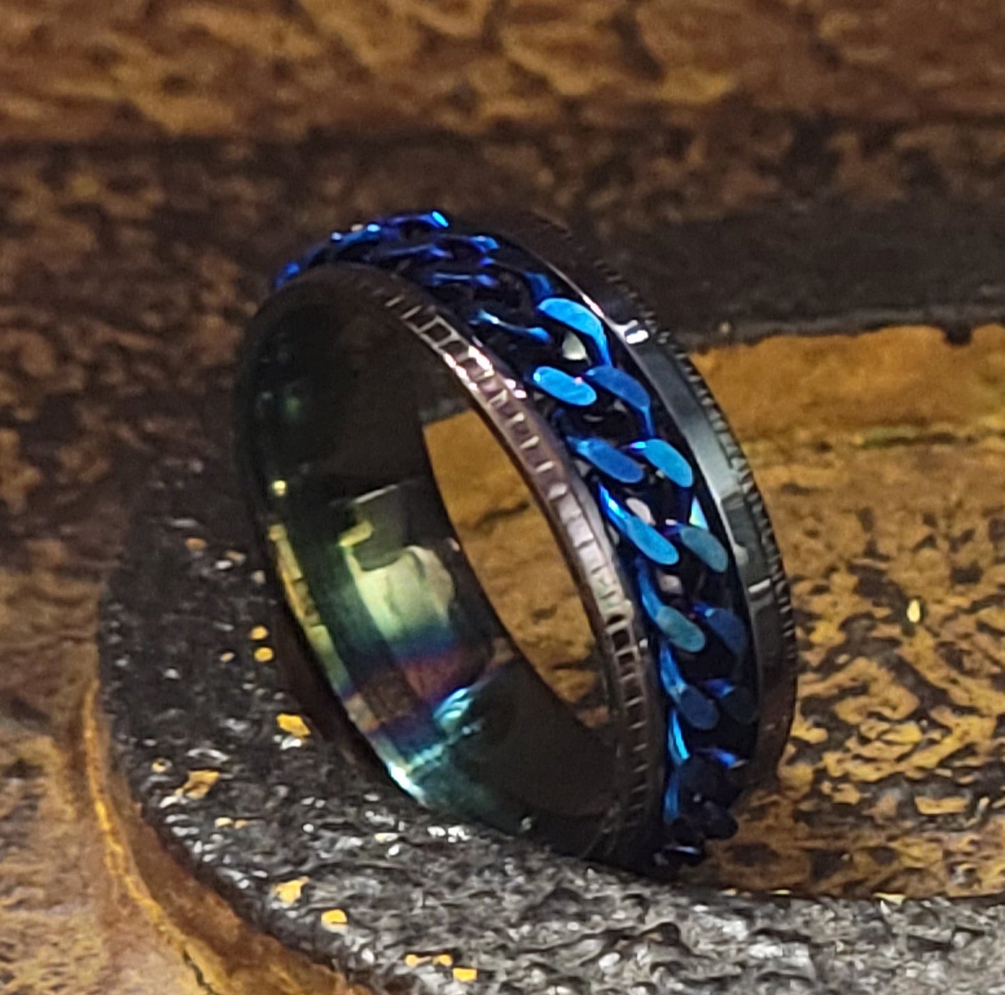 Think Engraved Promise Ring Personalized Men's Promise Ring - Black and Blue Chain Spinner Ring