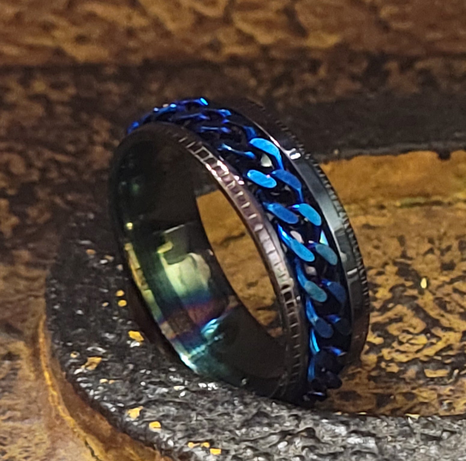 Think Engraved Promise Ring Personalized Men's Promise Ring - Black and Blue Chain Spinner Ring