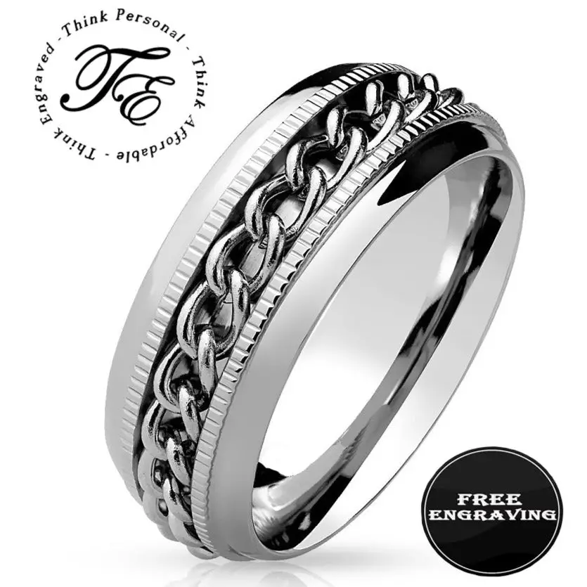 Think Engraved Promise Ring Personalized Men's Promise Ring - Silver Chain Spinner Stainless Steel